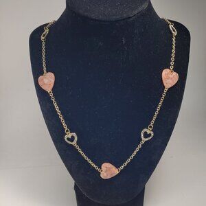 Long 36 inches Gold-tone Pink and Rhinestone Heart necklace